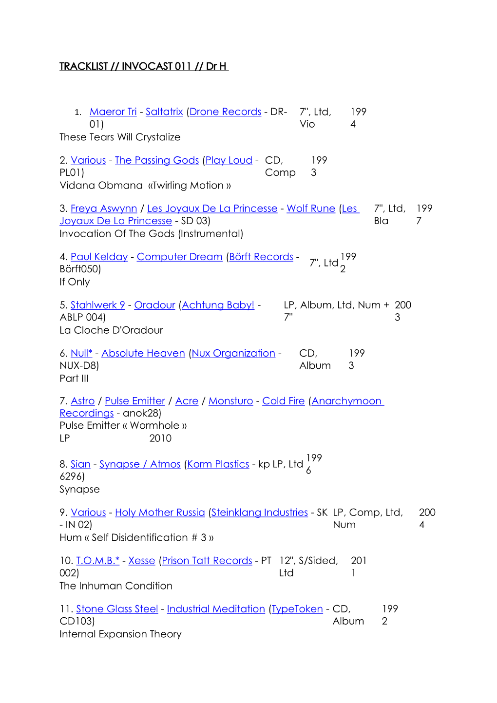 TRACKLIST // INVOCAST 011 // Dr H 1. Maeror