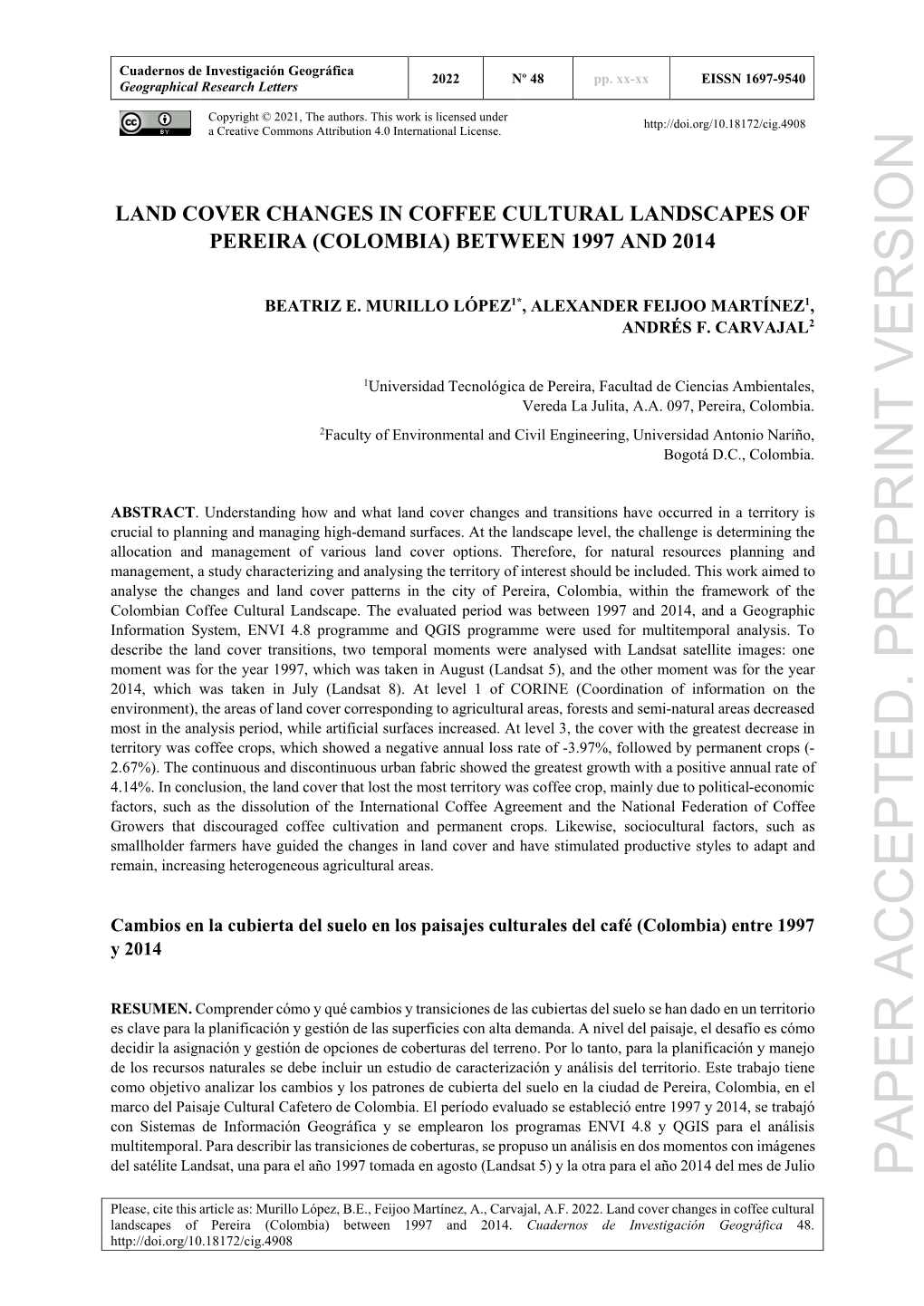 Land Cover Changes in Coffee Cultural Landscapes of Pereira (Colombia) Between 1997 and 2014