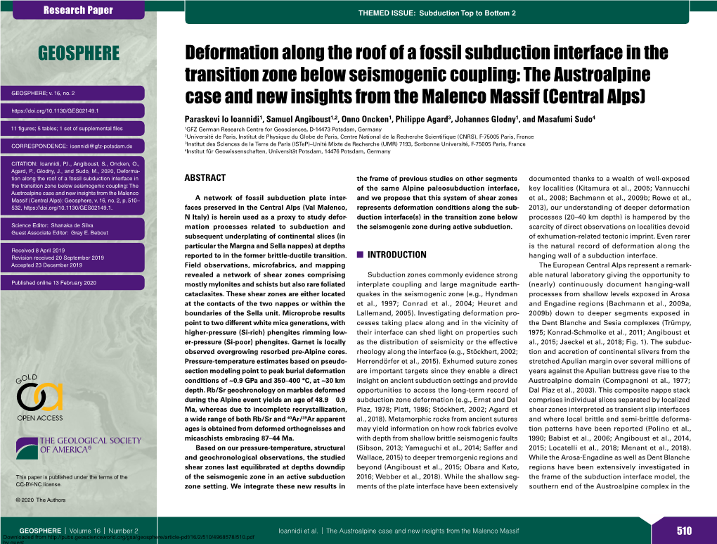 Deformation Along the Roof of a Fossil Subduction Interface in the Transition Zone Below Seismogenic Coupling: the Austroalpine GEOSPHERE; V