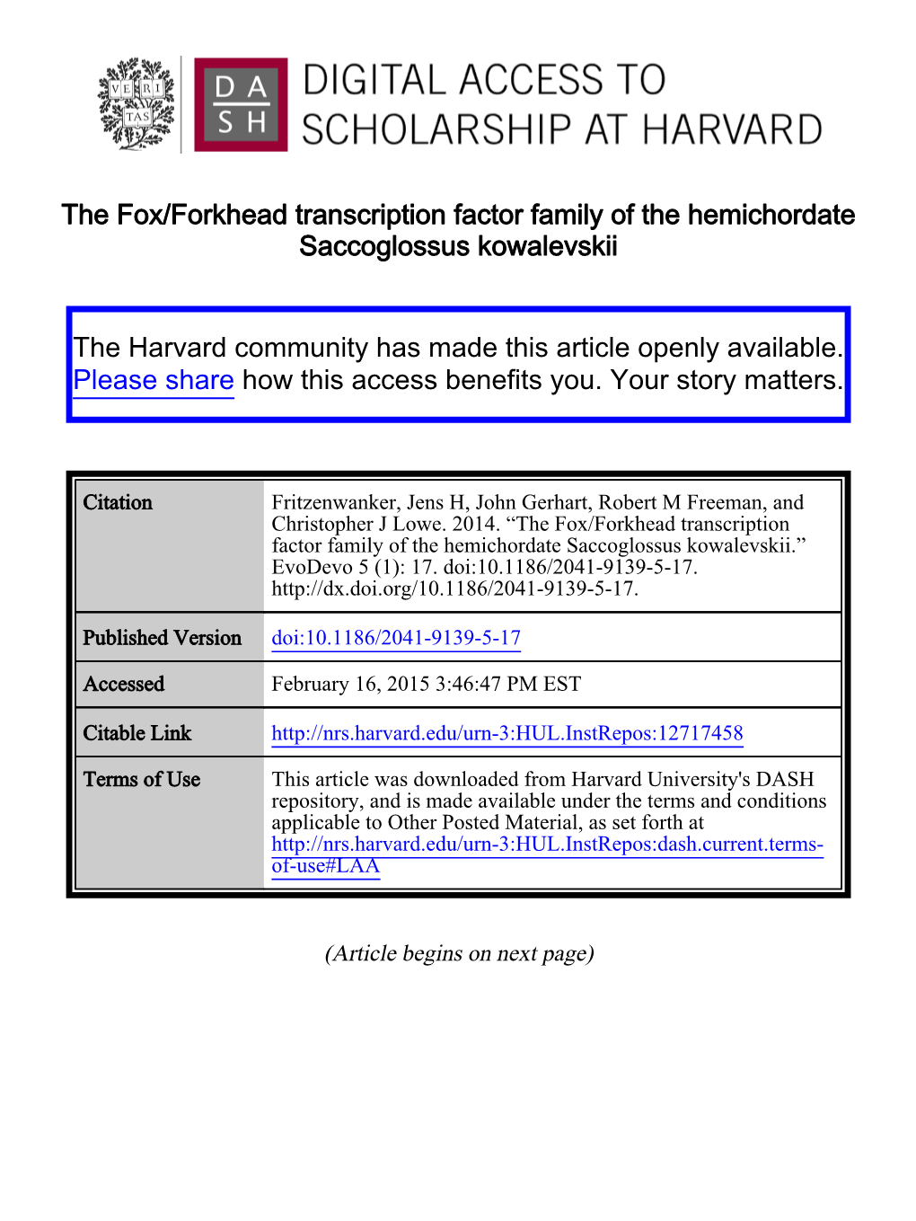 The Fox/Forkhead Transcription Factor Family of the Hemichordate Saccoglossus Kowalevskii