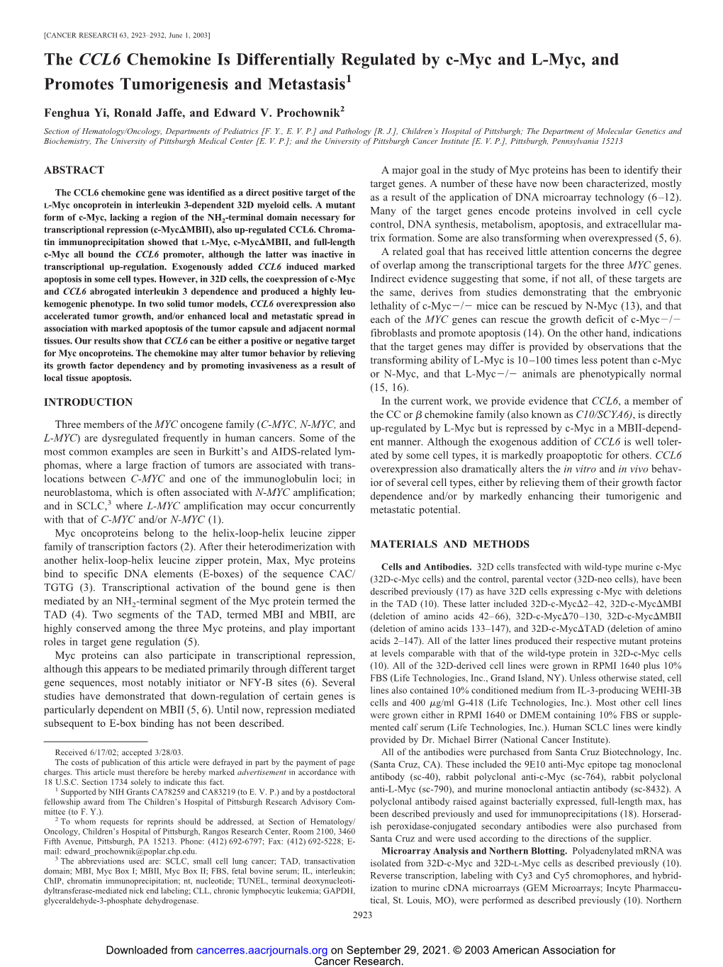 The CCL6 Chemokine Is Differentially Regulated by C-Myc and L-Myc, and Promotes Tumorigenesis and Metastasis1