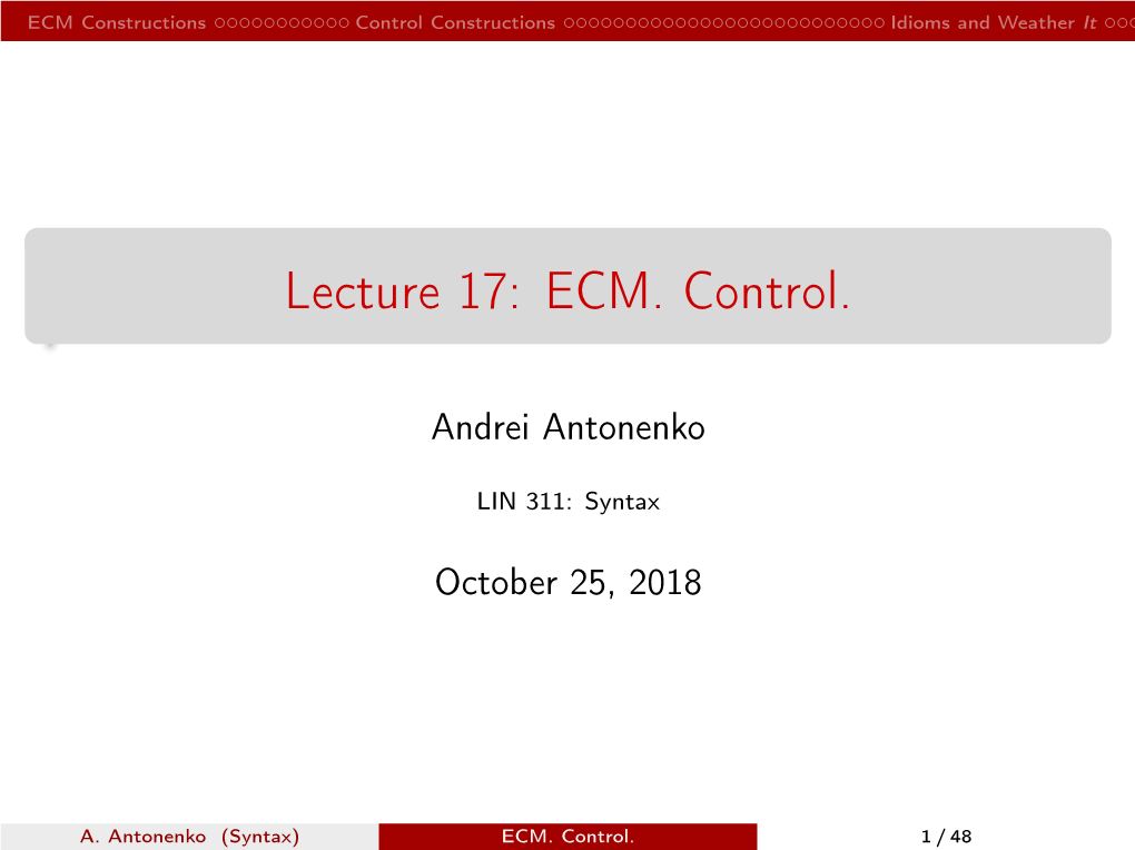 Lecture 17: ECM. Control