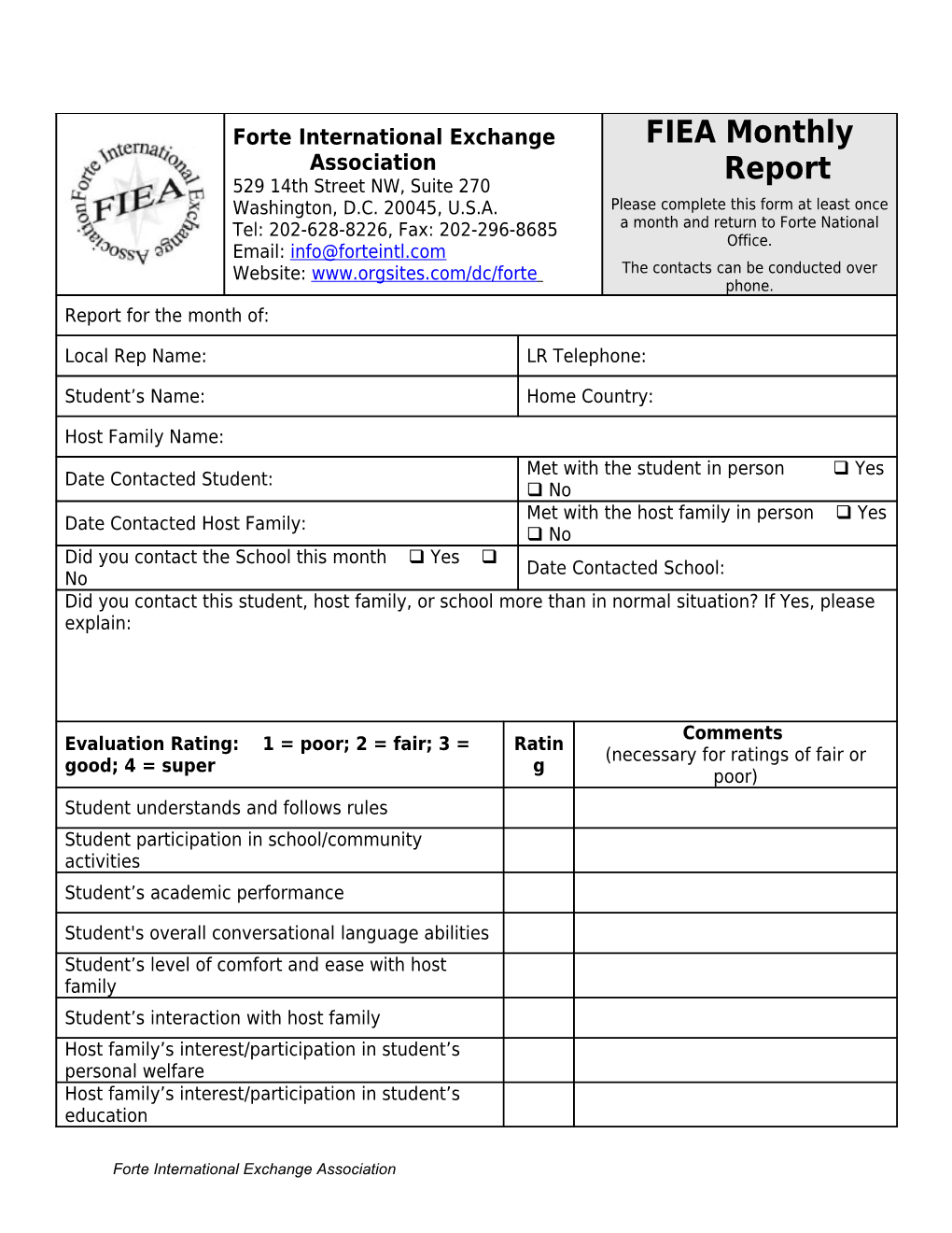 Monthly Evaluation Form