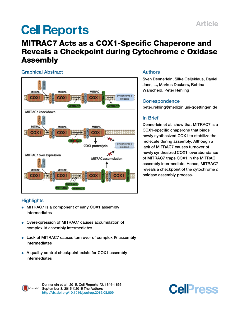 MITRAC7 Acts As a COX1-Specific Chaperone And