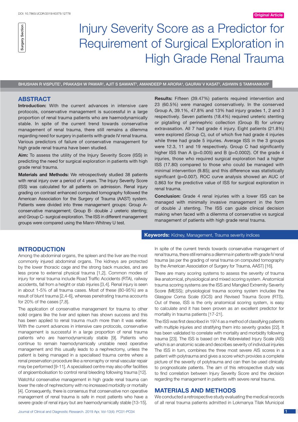 Injury Severity Score As a Predictor for Requirement of Surgical Exploration in Surgery Section High Grade Renal Trauma