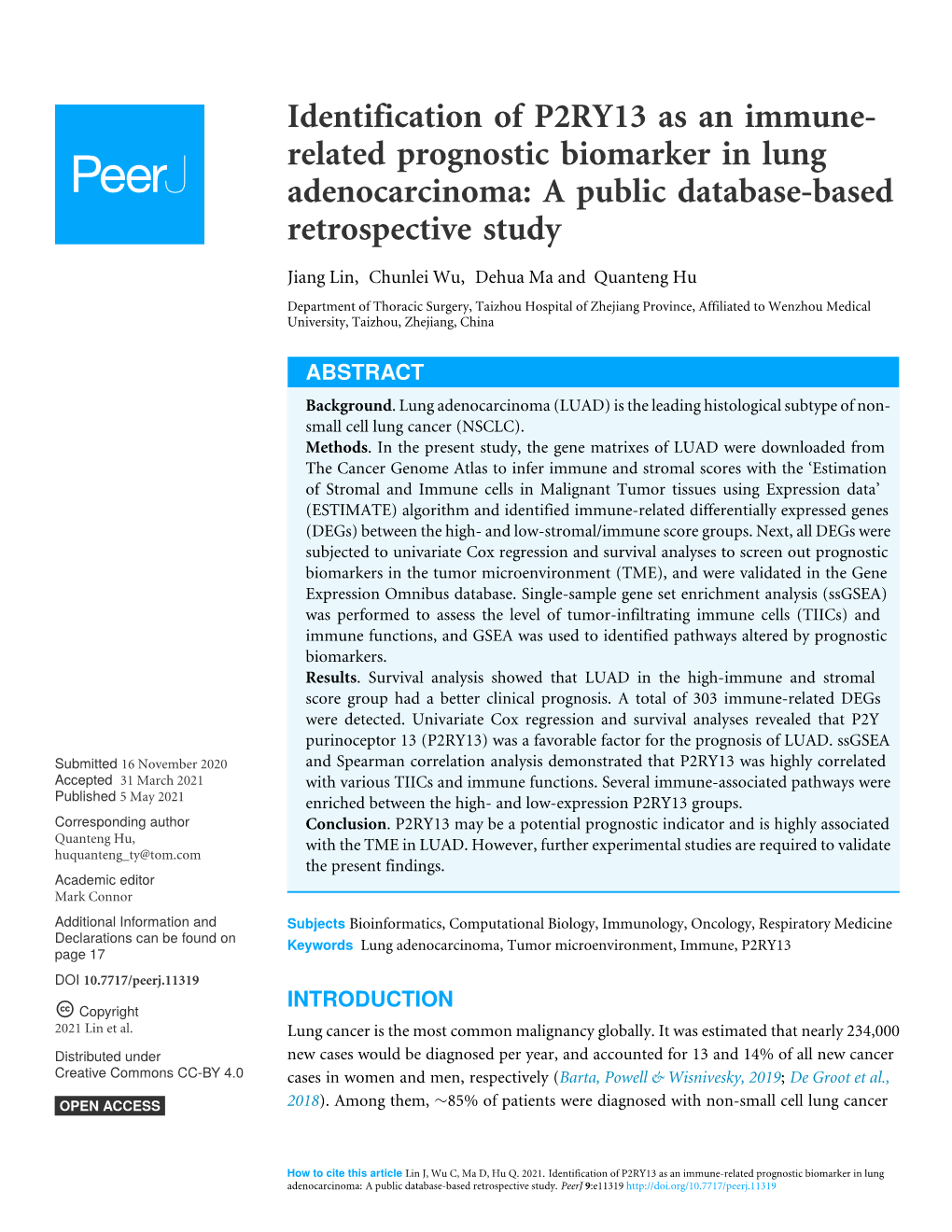 Identification of P2RY13 As an Immune- Related Prognostic Biomarker in Lung Adenocarcinoma: a Public Database-Based Retrospective Study