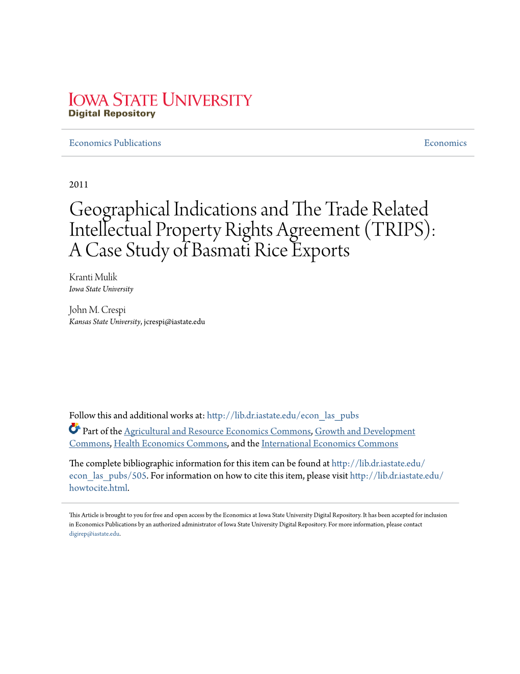 (TRIPS): a Case Study of Basmati Rice Exports Kranti Mulik Iowa State University