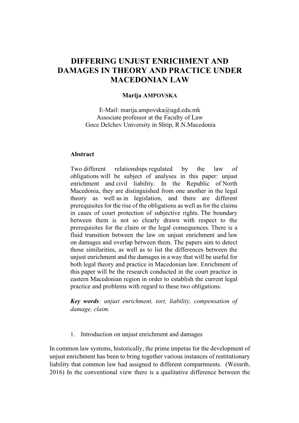 Differing Unjust Enrichment and Damages in Theory and Practice Under Macedonian Law