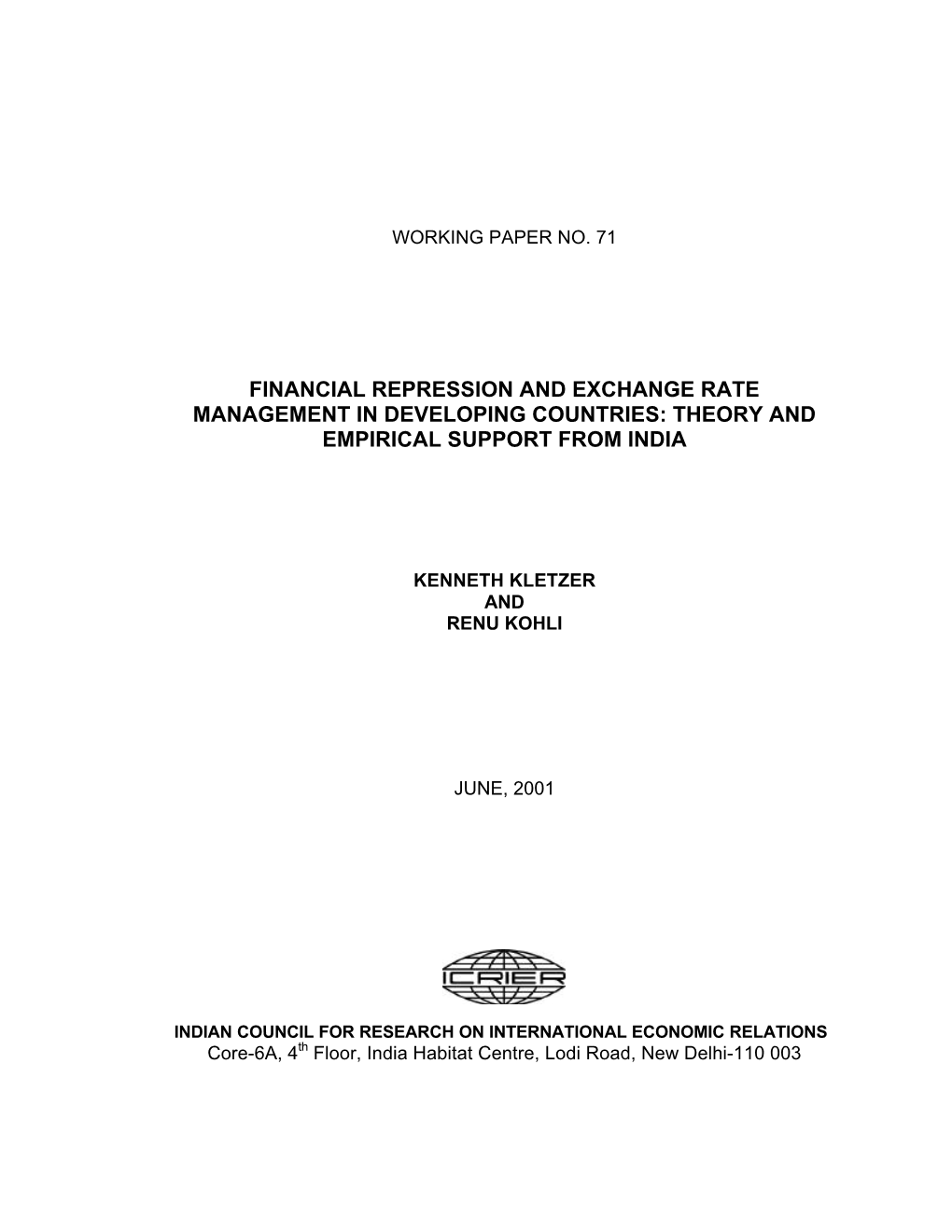 Financial Repression and Exchange Rate Management in Developing Countries: Theory and Empirical Support from India