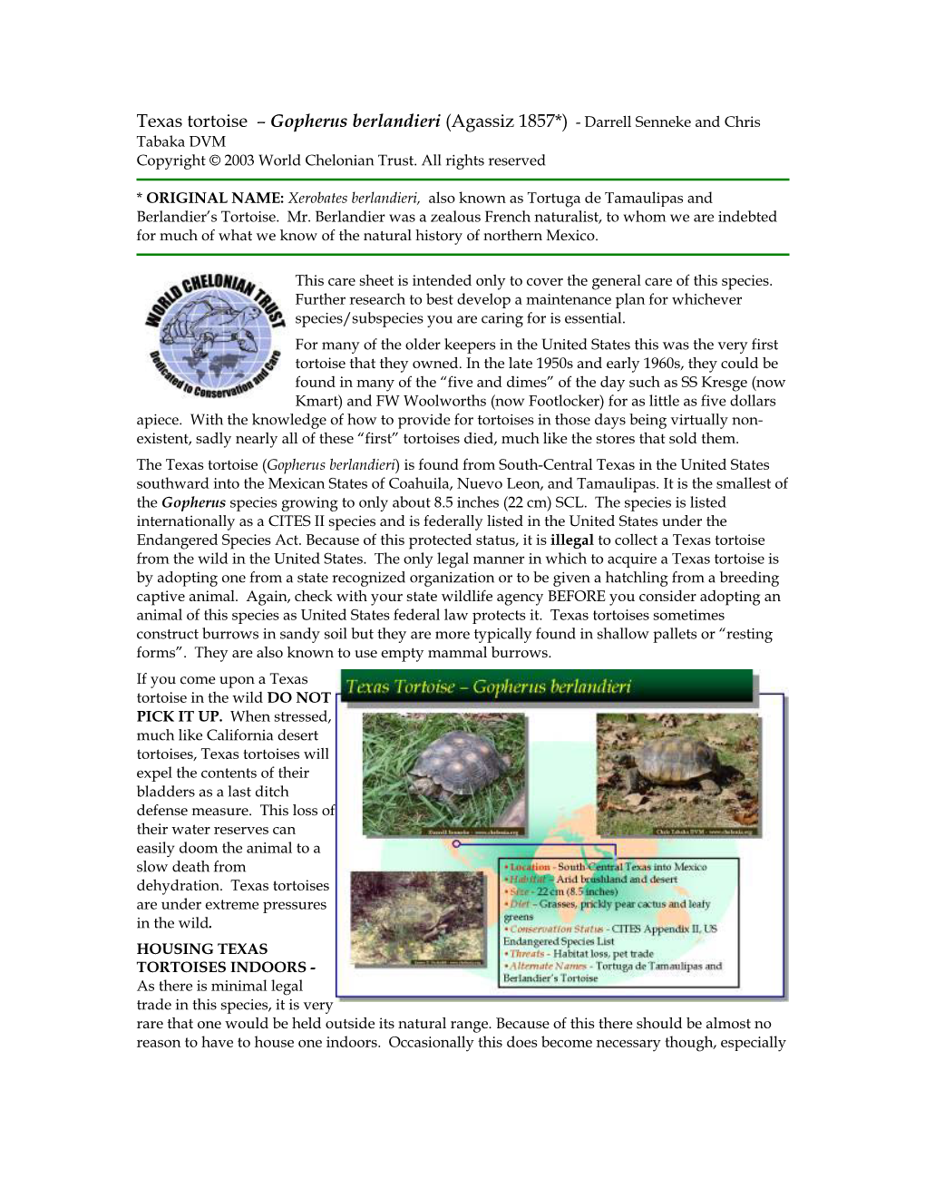 Texas Tortoise – Gopherus Berlandieri (Agassiz 1857*) - Darrell Senneke and Chris Tabaka DVM Copyright © 2003 World Chelonian Trust