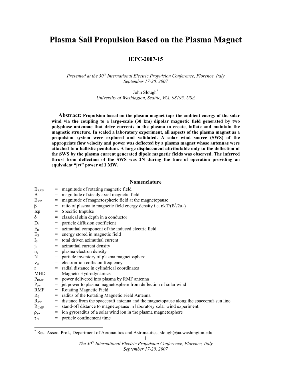 Plasma Sail Propulsion Based on the Plasma Magnet