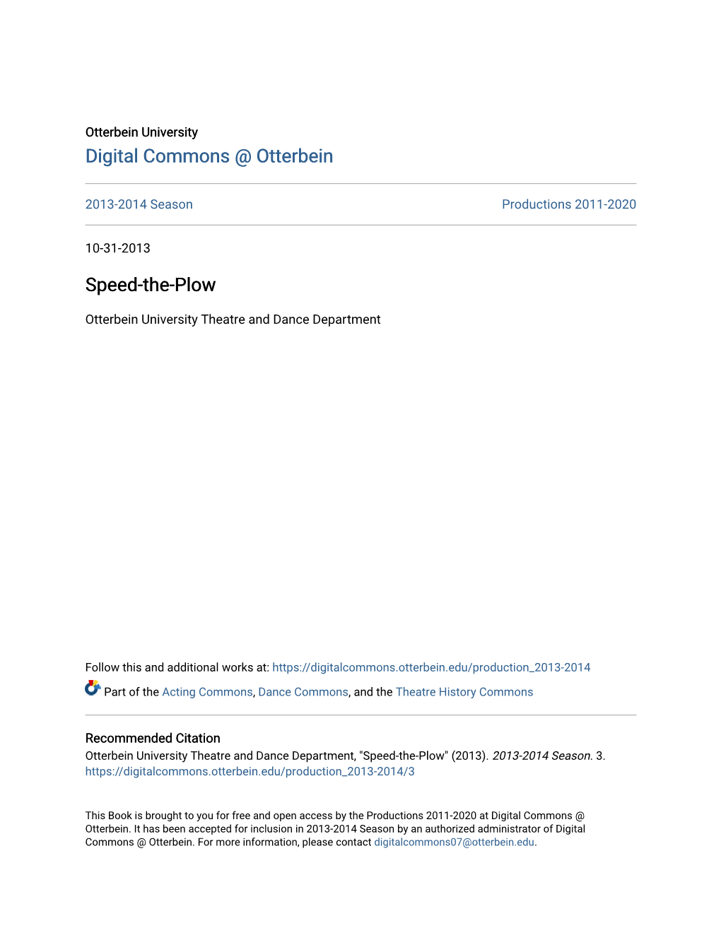 Digital Commons @ Otterbein Speed-The-Plow