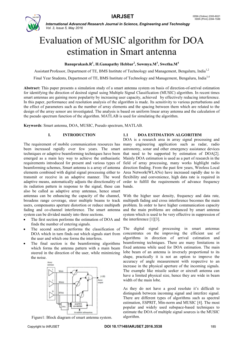 Evaluation of MUSIC Algorithm for DOA Estimation in Smart Antenna