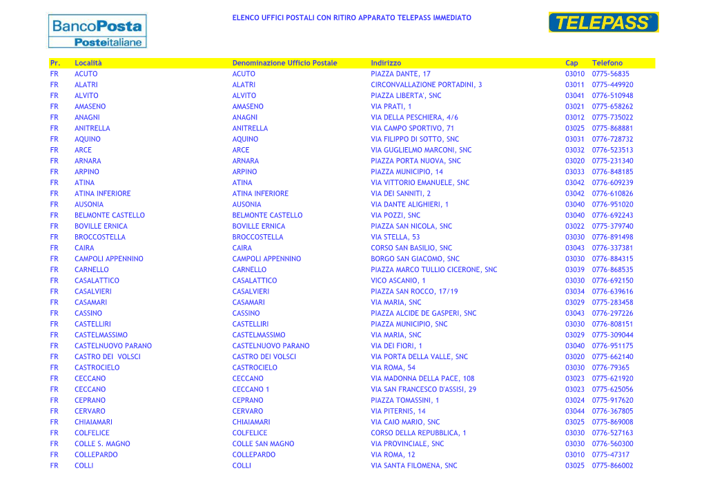 Elenco Uffici Postali Con Ritiro Apparato Telepass Immediato