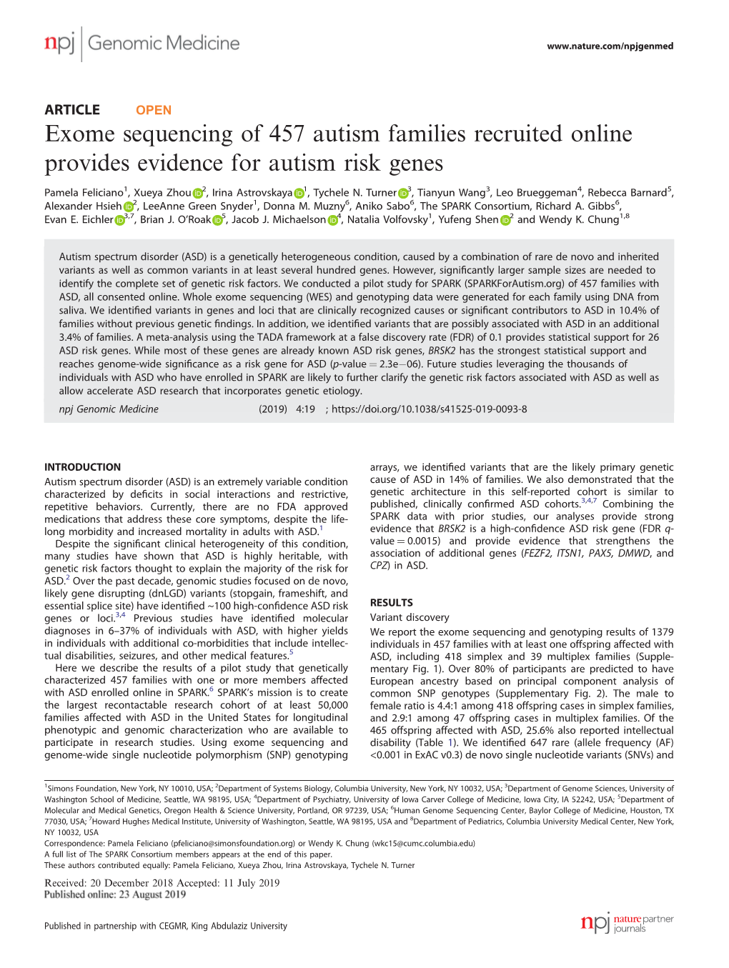 Exome Sequencing of 457 Autism Families Recruited Online Provides Evidence for Autism Risk Genes