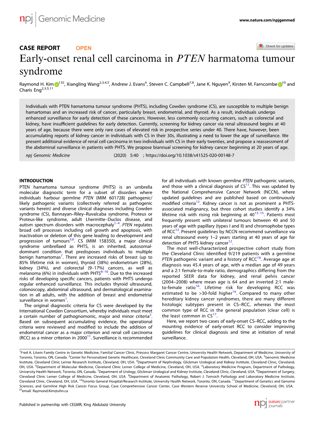 Early-Onset Renal Cell Carcinoma in PTEN Harmatoma Tumour Syndrome ✉ Raymond H