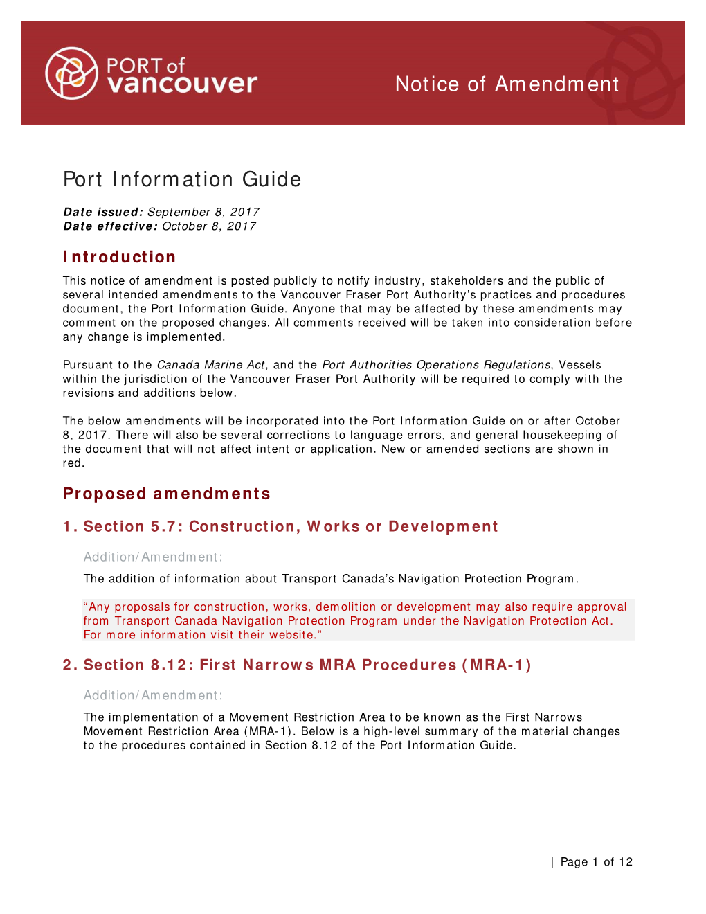 September 2017 – Notice of Amendment: Port Information Guide