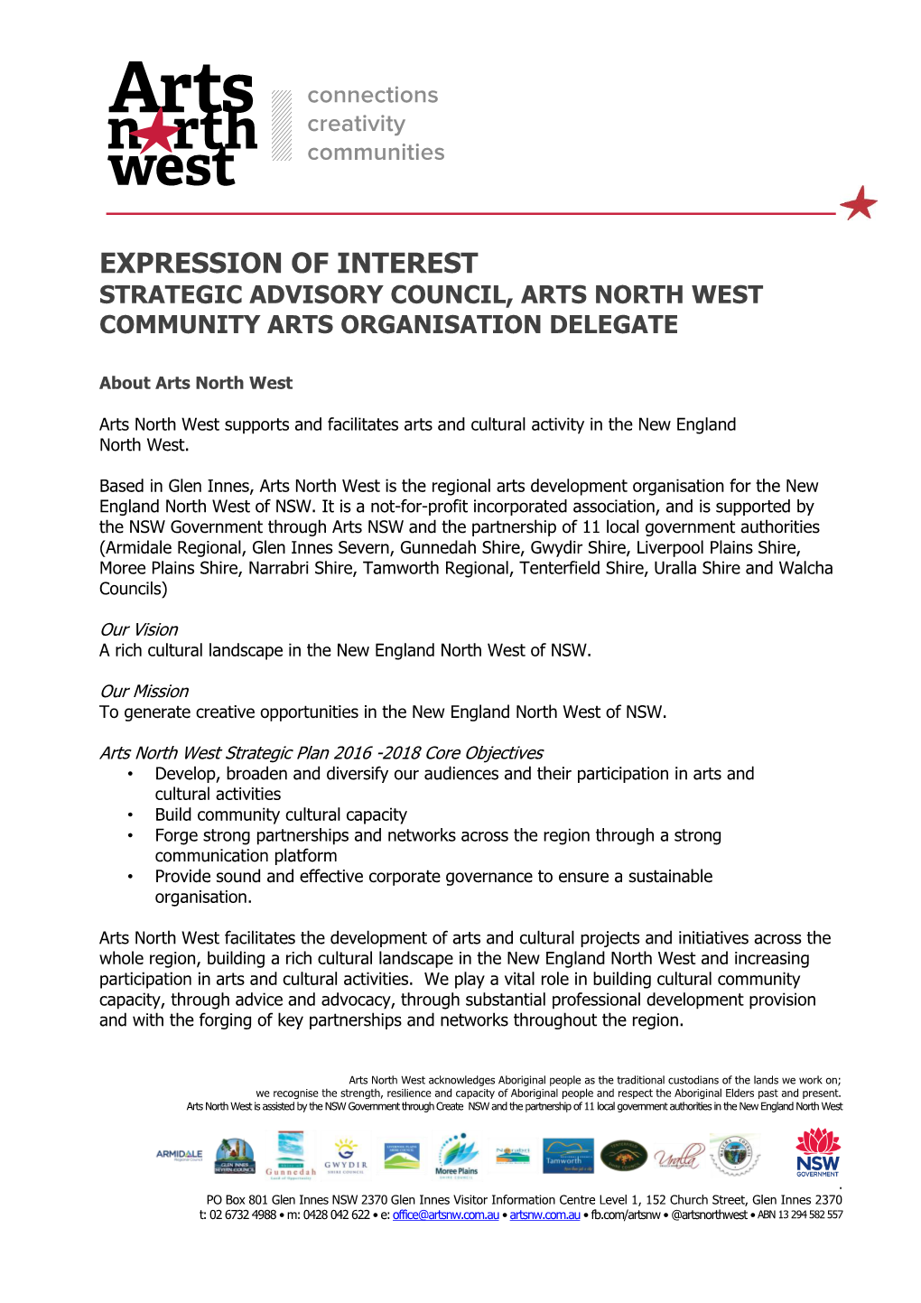 Expression of Interest Strategic Advisory Council, Arts North West Community Arts Organisation Delegate