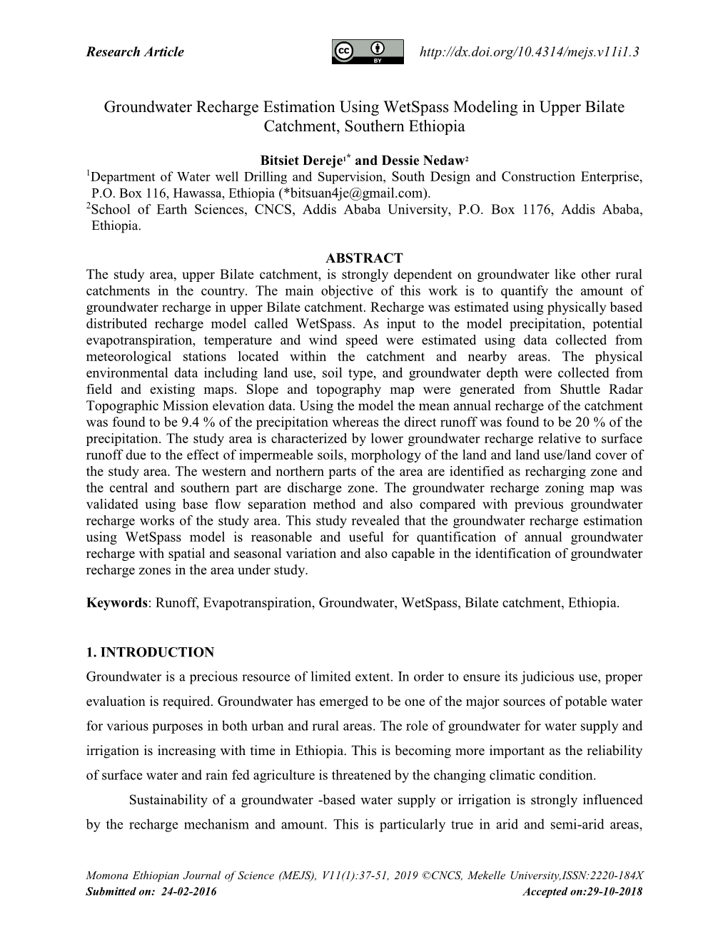 Groundwater Recharge Estimation Using Wetspass Modeling in Upper Bilate Catchment, Southern Ethiopia