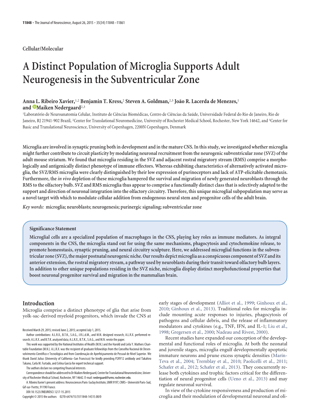 A Distinct Population of Microglia Supports Adult Neurogenesis in the Subventricular Zone