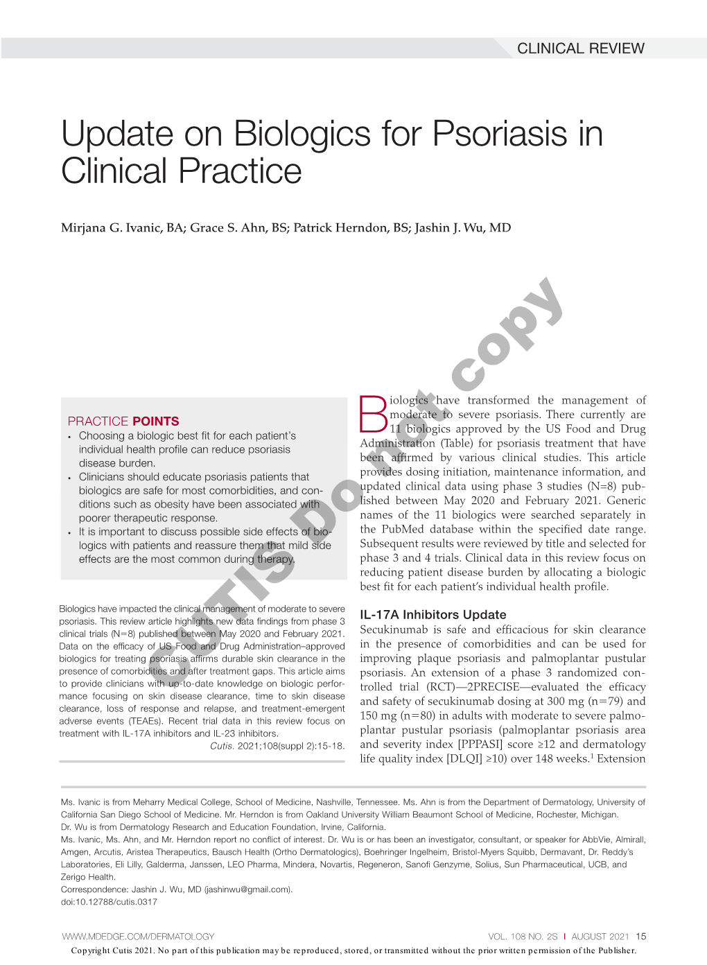 Update on Biologics for Psoriasis in Clinical Practice