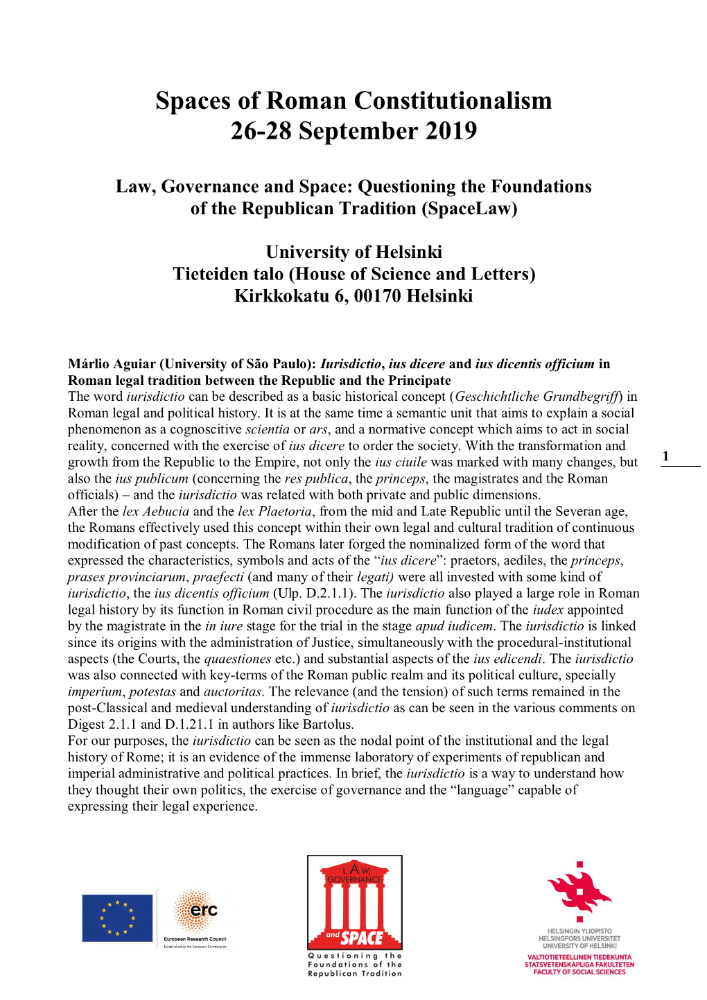 Spaces of Roman Constitutionalism 26-28 September 2019