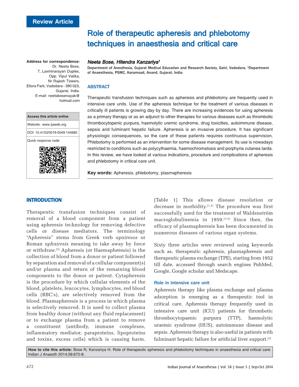 Role of Therapeutic Apheresis and Phlebotomy Techniques in Anaesthesia and Critical Care