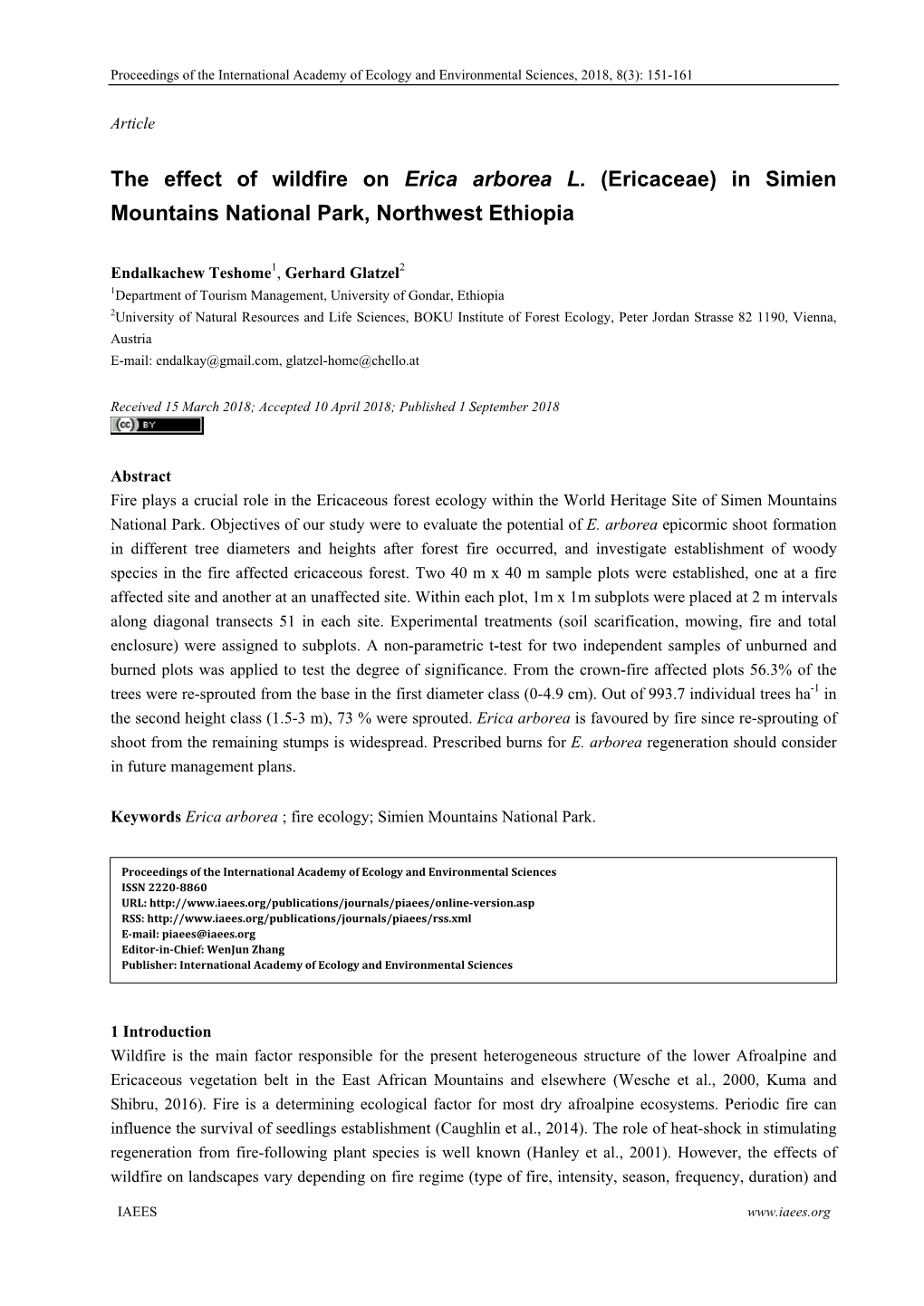 The Effect of Wildfire on Erica Arborea L. (Ericaceae) in Simien Mountains National Park, Northwest Ethiopia