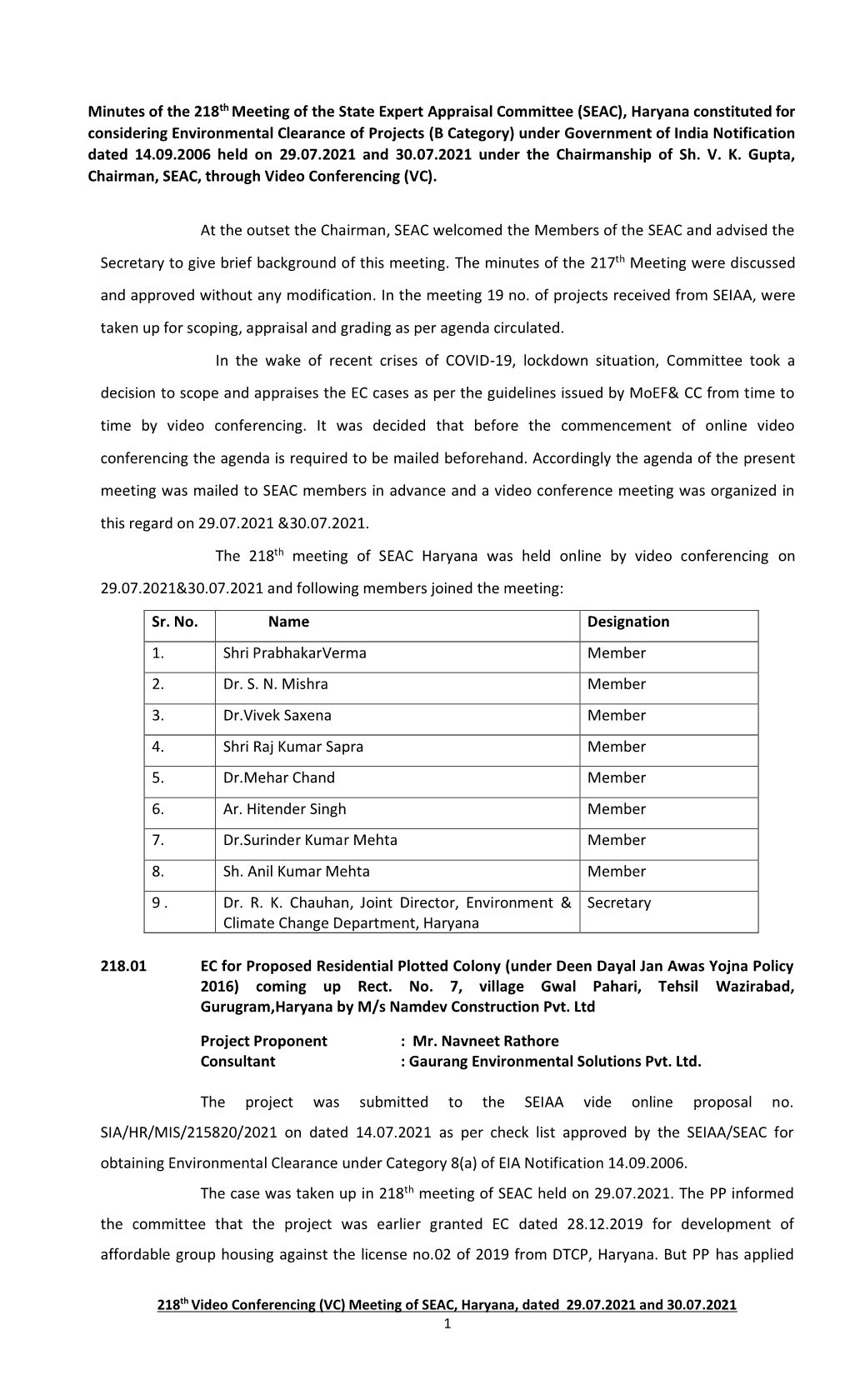 Minutes of the 218Th Meeting of the State Expert Appraisal Committee