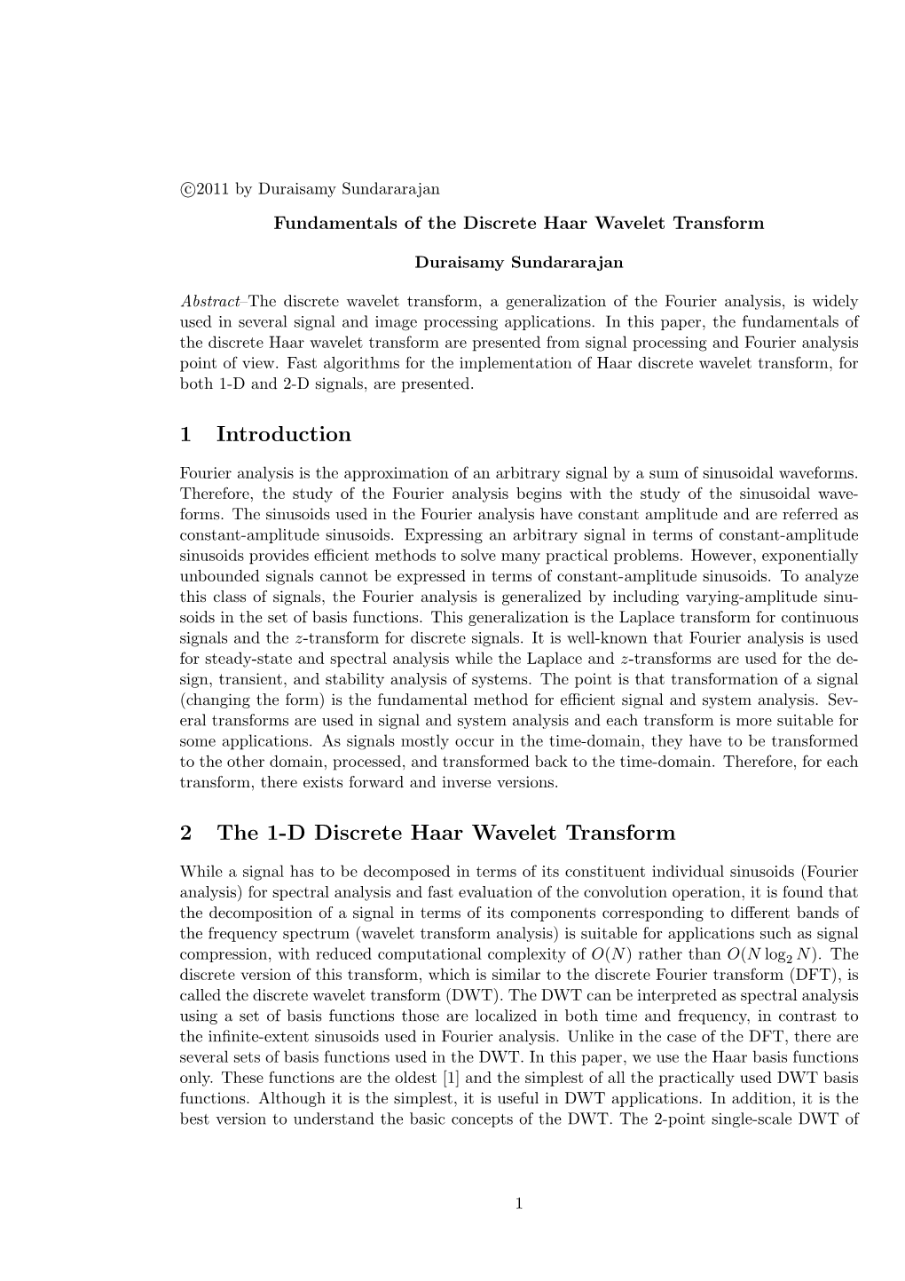 1 Introduction 2 the 1-D Discrete Haar Wavelet Transform