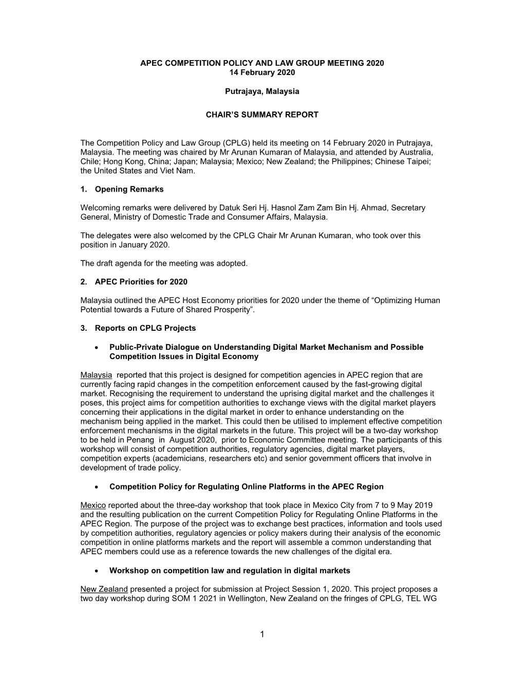 APEC COMPETITION POLICY and LAW GROUP MEETING 2020 14 February 2020