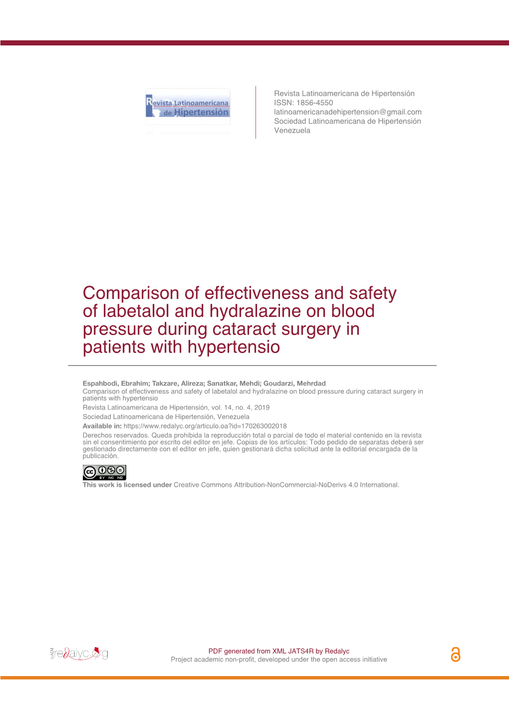 Comparison of Effectiveness and Safety of Labetalol and Hydralazine on Blood Pressure During Cataract Surgery in Patients with Hypertensio