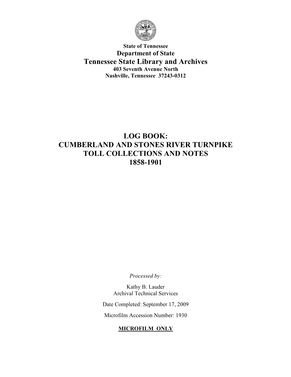 Log Book: Cumberland and Stones River Turnpike Toll Collections and Notes 1858-1901