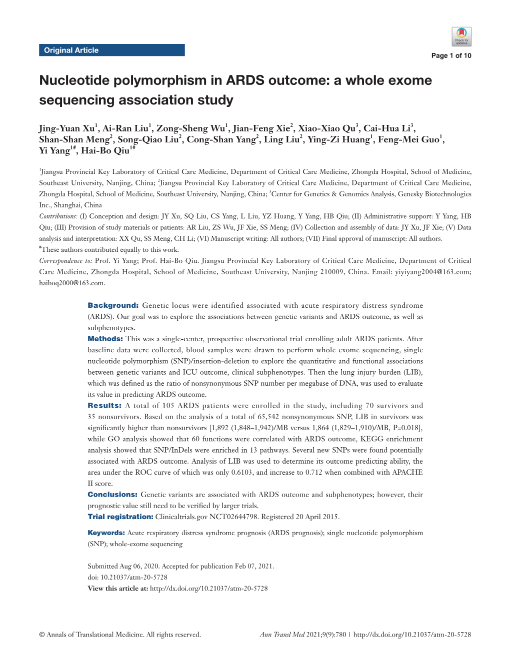 Nucleotide Polymorphism in ARDS Outcome: a Whole Exome Sequencing Association Study