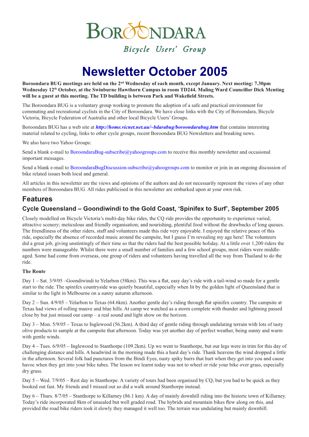 Newsletter October 2005 Boroondara BUG Meetings Are Held on the 2Nd Wednesday of Each Month, Except January