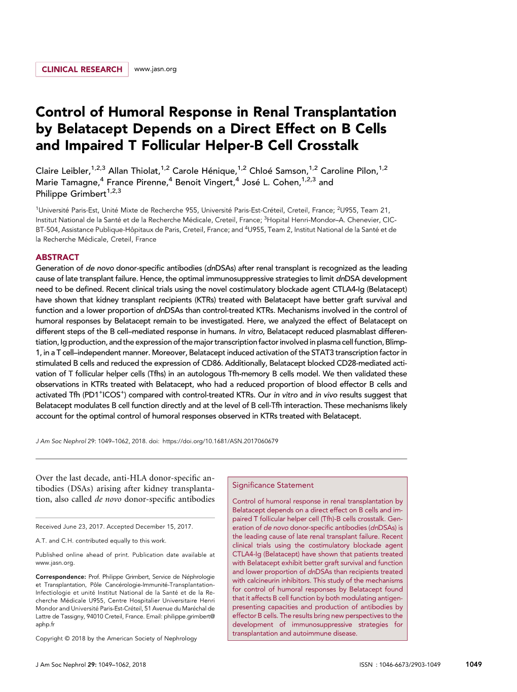 Control of Humoral Response in Renal Transplantation by Belatacept Depends on a Direct Effect on B Cells and Impaired T Follicular Helper-B Cell Crosstalk