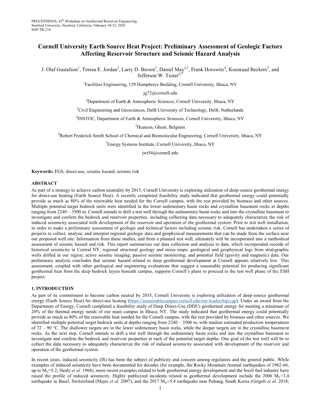 Cornell University Earth Source Heat Project: Preliminary Assessment of Geologic Factors Affecting Reservoir Structure and Seismic Hazard Analysis