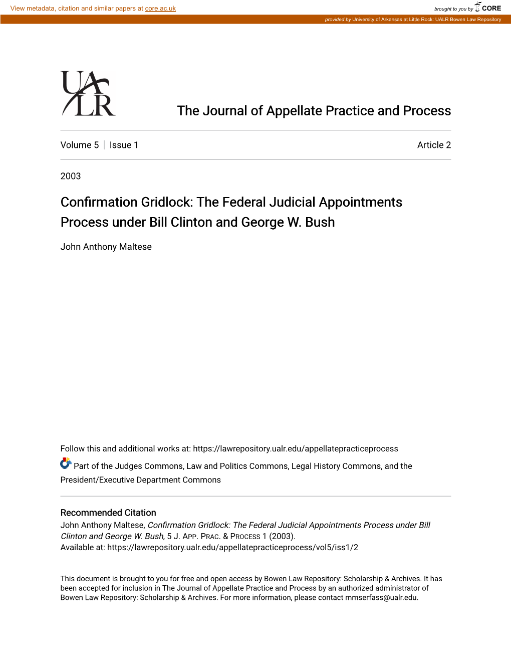 The Federal Judicial Appointments Process Under Bill Clinton and George W