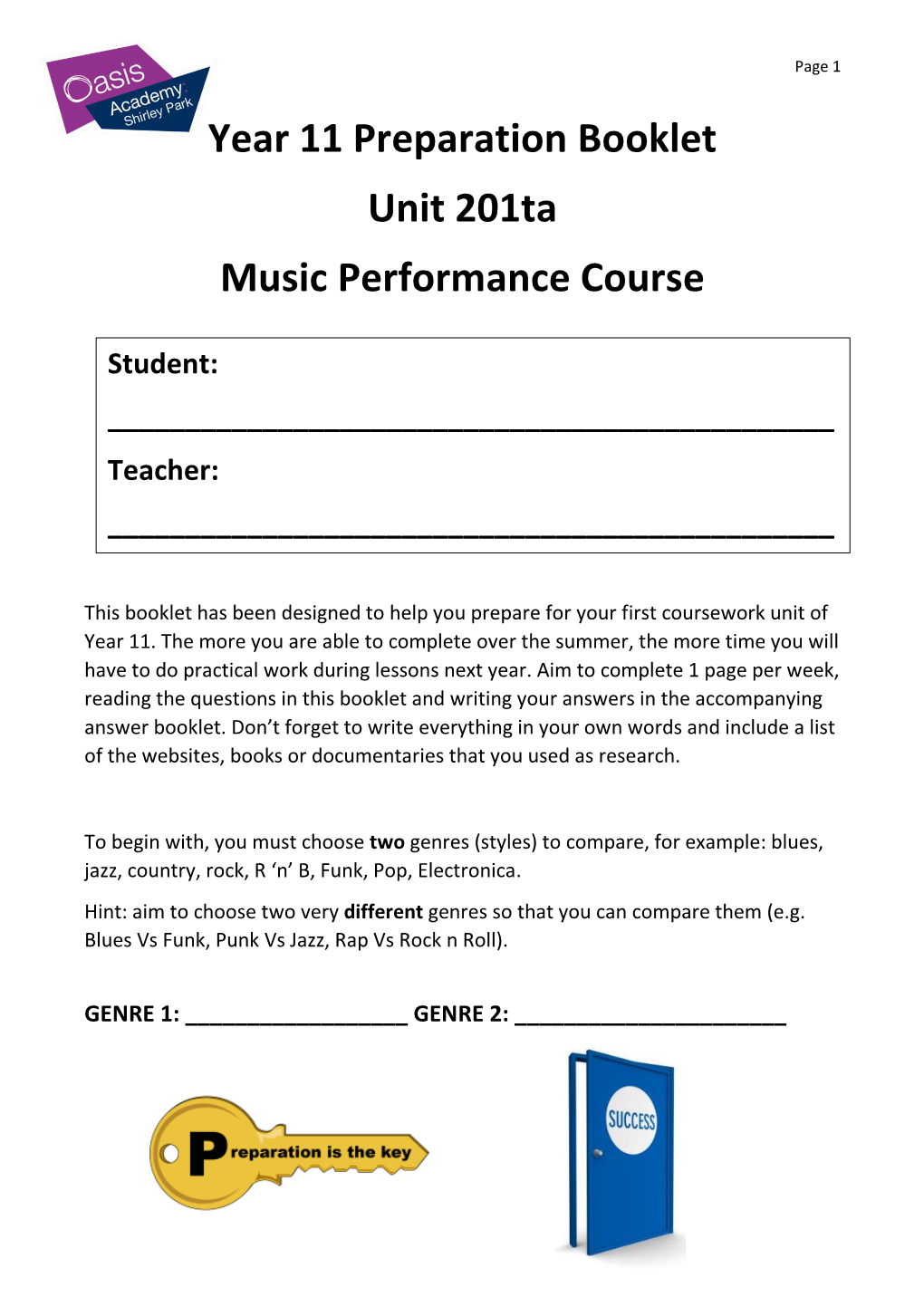 Year 11 Preparation Booklet Unit 201Ta Music Performance Course
