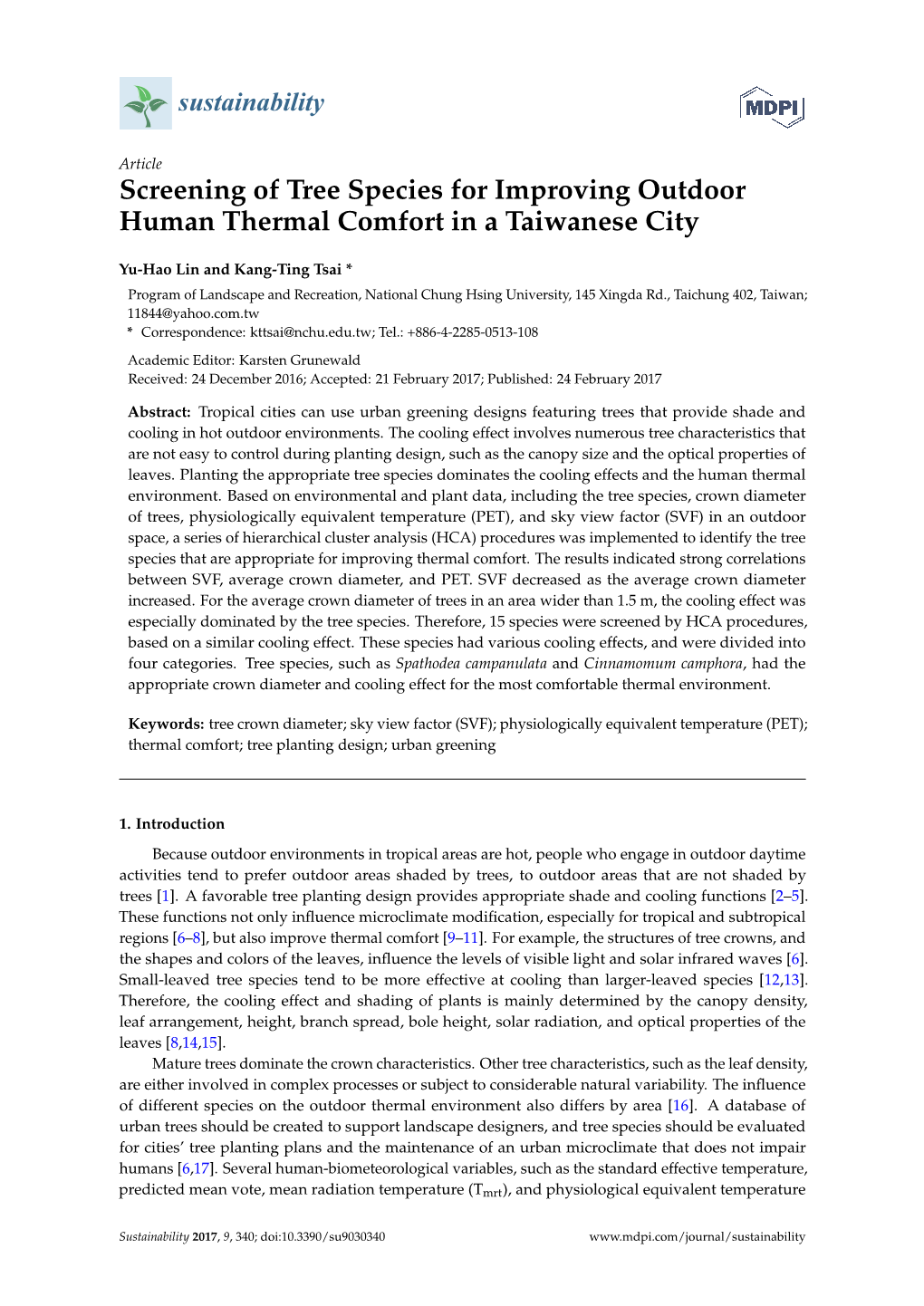 Screening of Tree Species for Improving Outdoor Human Thermal Comfort in a Taiwanese City