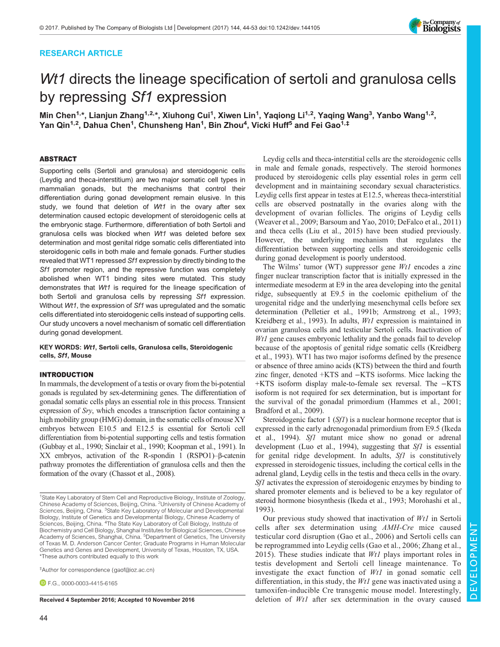 Wt1 Directs the Lineage Specification of Sertoli and Granulosa Cells By