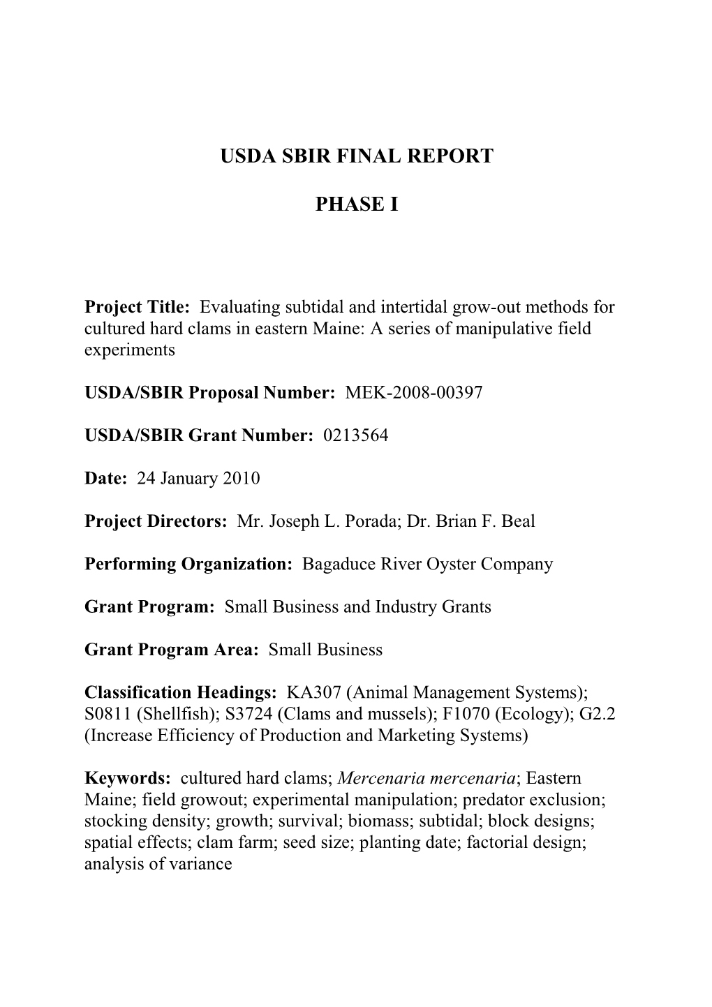 Phase I Final Report USDA SBIR Bagaduce River Oyster Company