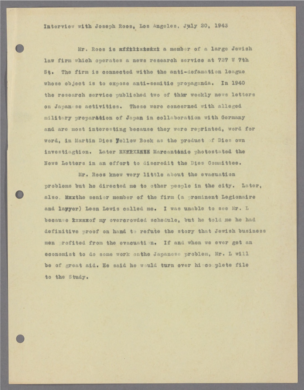 Interview with Joseph Roos, Los Angeles, July 20, 194J Mr. Roos Is