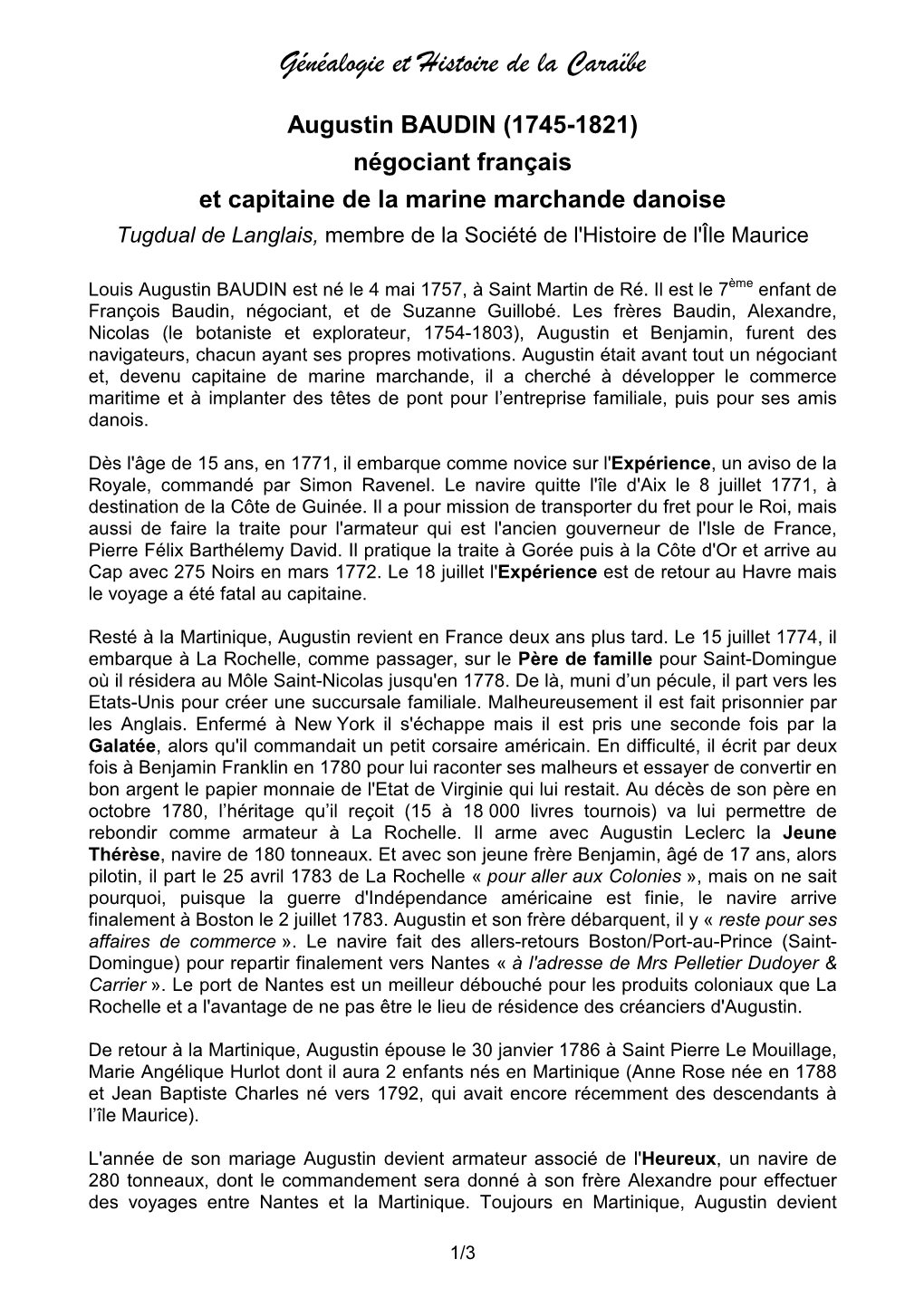Augustin BAUDIN (1745-1821) Négociant Français Et Capitaine De La Marine Marchande Danoise Tugdual De Langlais, Membre De La Société De L'histoire De L'île Maurice