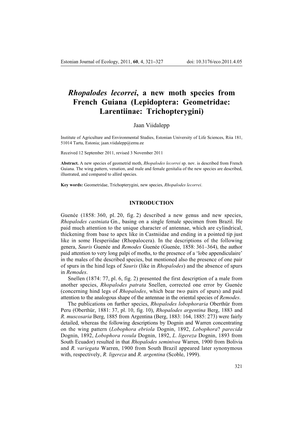 Rhopalodes Lecorrei, a New Moth Species from French Guiana (Lepidoptera: Geometridae: Larentiinae: Trichopterygini)