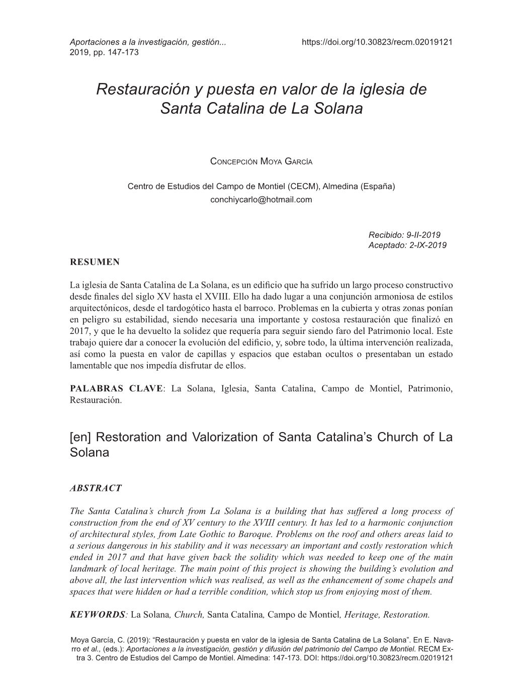 Restauración Y Puesta En Valor De La Iglesia De Santa Catalina De La Solana