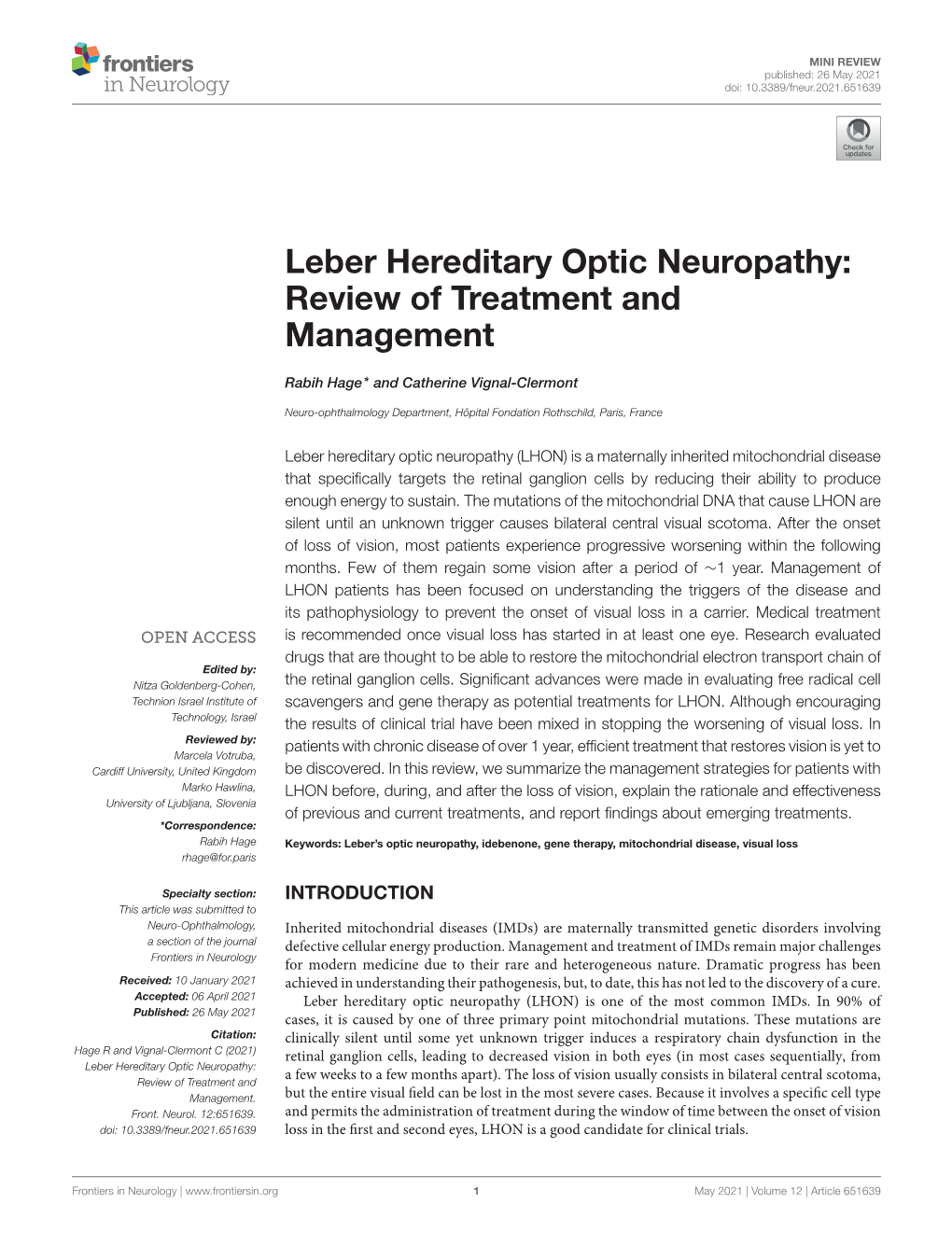 Leber Hereditary Optic Neuropathy: Review of Treatment and Management