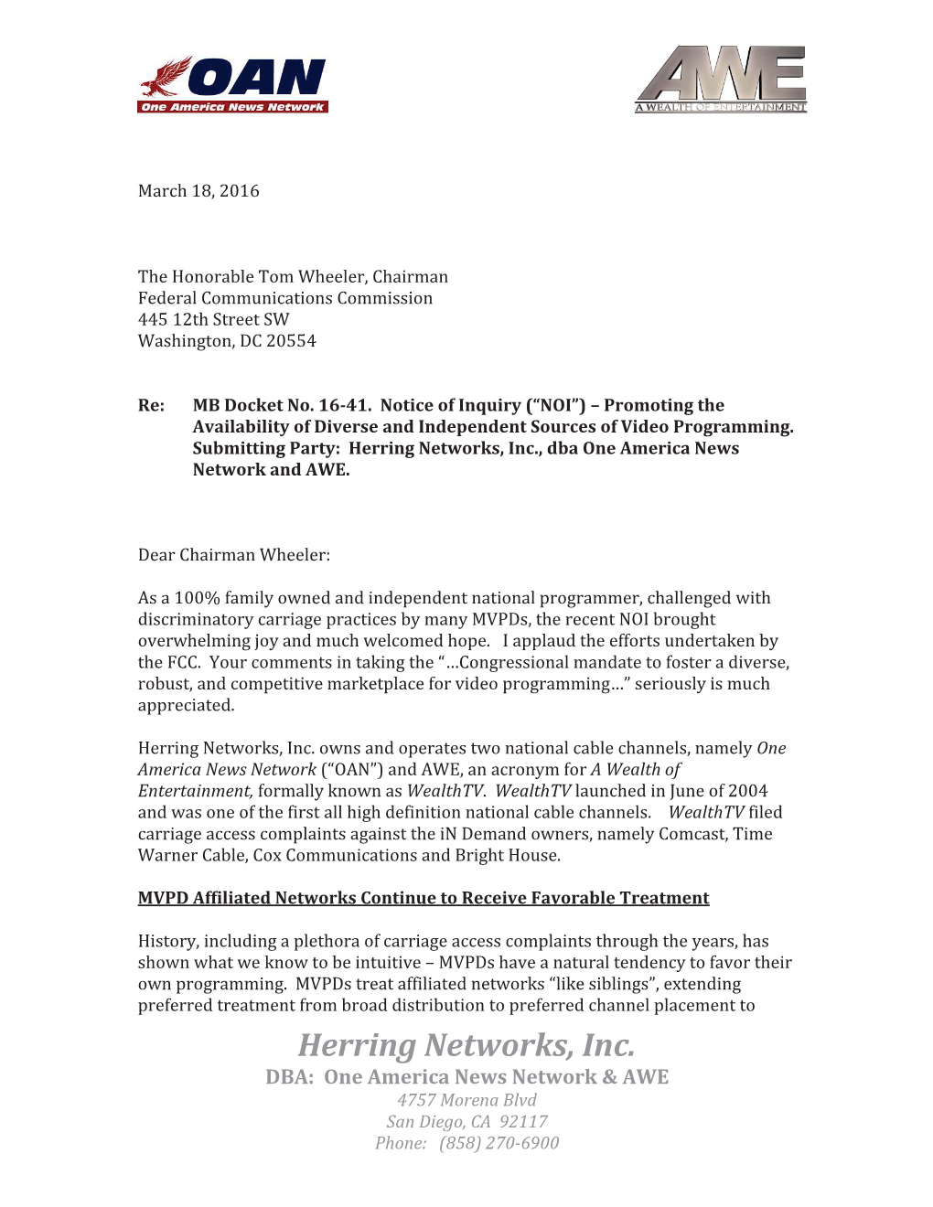 Herring Networks, Inc., Dba One America News Network and AWE