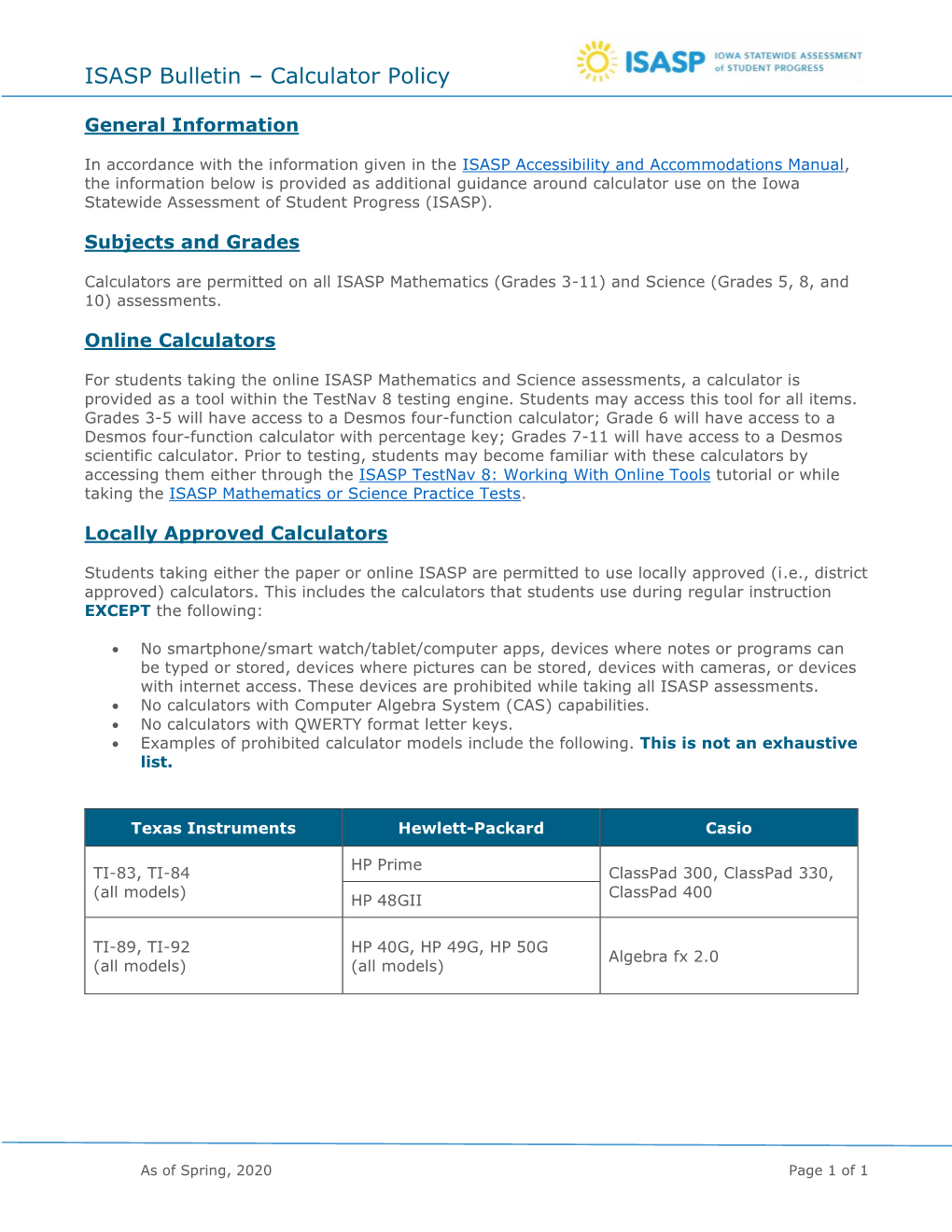 ISASP Calculator Policy