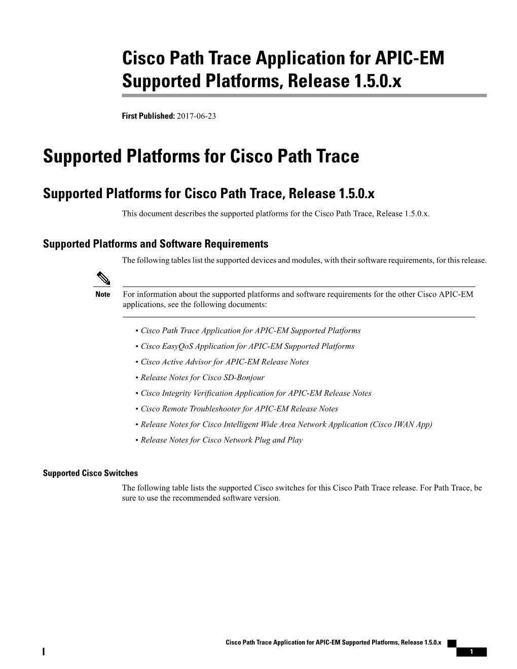 Cisco Path Trace Application for APIC-EM Supported Platforms, Release 1.5.0.X